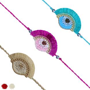 MASQ Designer Rakhi Combo Set with Roli Chawal & Moli for Kids (Teal-Pink-Beige,Pack of 3) Mauli Thread Rakhi, Chawal Roli Pack  Set