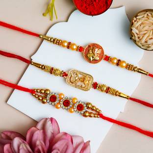Poorak Designer PK_RK_COMBO_3CE_GREET Assorted Rakhi, Chawal Roli Pack, Greeting Card  Set