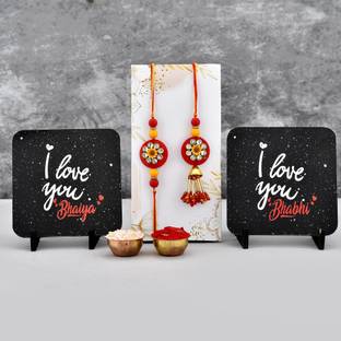 Tonkwalas Designer Rakhi Gift Set For Brother Combo With Roli Chawal Greeting Card- F8-P3 Mauli Thread Showpiece, Rakhi, Lumba, Chawal Roli Pack  Set