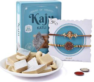 HyperFoods Religious Sweet Celebrations: Kaju Katli with Set of 2 Rakhi Gold Finish, Kundan, Mauli Thread Rakhi  Set