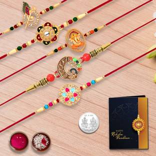 periapt Designer Rakhi Set for Brother|Fancy Rakhi |Handmade Rakhi|Rakhi with card|K5_NC106 Assorted Rakhi, Chawal Roli Pack, Greeting Card, Coins  Set