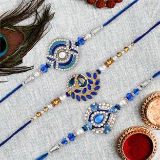 LEEMARA Designer LMR-R-7-8-10 Gold Finish, Pearl, Mauli Thread, Kundan Rakhi, Chawal Roli Pack, Greeting Card  Set
