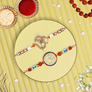 Dreamica Designer Set-3-5 Mauli Thread, Kundan, Pearl Rakhi, Chawal Roli Pack, Greeting Card  Set