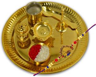 ME&YOU Religious Rakhi Gifts, Peacock Religious Rakhi With Gold Finish Pooja thali, Complete Rakhi Gift For Brother Gold Finish Chawal Roli Pack, Thali, Rakhi  Set