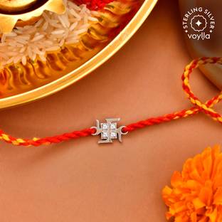 Voylla Designer 925 Sterling Silver Precious Swastik Thread Rakhi Silver Chawal Roli Pack  Set