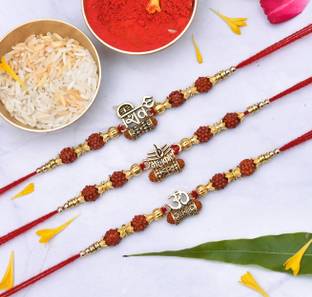 THE INDIA STYLE Designer Mahadev Mahakal Shiva Bhakt ShivLing_2 & Rudraksha set of-3 RAkhi for Brother Mauli Thread, Assorted Rakhi  Set