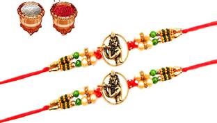 PRIDESKYASIA Religious 2Pc Kanha RAKHI WITH ROLI TILAK PACK Gold Finish Rakhi, Chawal Roli Pack  Set