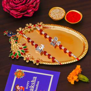 PRIDE STORE Rudraksh Rakhi Set 3867 Mauli Thread Rakhi, Thali, Chawal Roli Pack, Greeting Card, Showpiece  Set