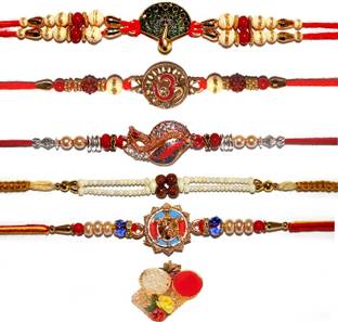 PORAK Designer RAKHI0475 Gold Finish, Mauli Thread, Kundan, Zardosi Rakhi, Chawal Roli Pack  Set