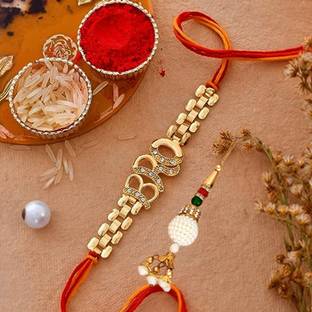 CraftVatika Bhaiya Bhabhi RAKHI248 Kundan, Mauli Thread, Pearl Lumba, Rakhi, Greeting Card, Chawal Roli Pack  Set