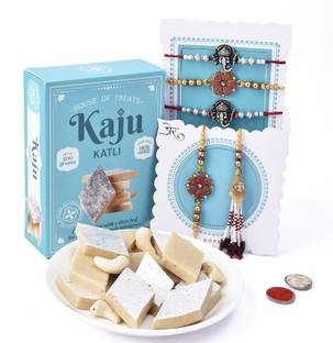HyperFoods Bhaiya Bhabhi Sweet Celebrations: Kaju Katli with Set of 5 Rakhi Assorted Rakhi  Set