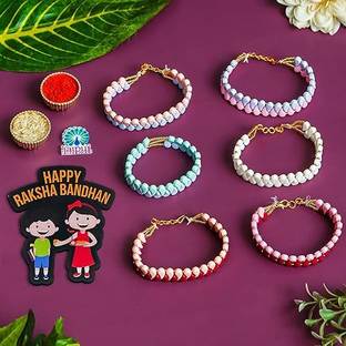 WEBELKART Bracelet Pearl Bracelet For Men Rakhi for Brother And Bhabhi Plastic (PVC), Gold Finish Bracelet, Chawal Roli Pack, Greeting Card, Showpiece  Set