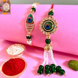 Niozaki Bhaiya Bhabhi Lumba Rakhi Gold Finish, Mauli Thread Chawal Roli Pack  Set