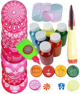 oramsa kit of 1 Patta Pen+3 Filler+ 1 Rangoli Pen+6 Stamp + 6 Bottle Color+10pc Jali 8" Rangoli Stencil