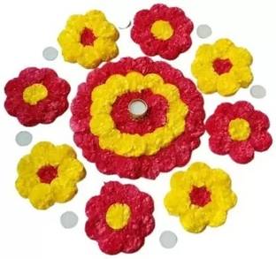 Vibgyor Products Rangoli Tealight Diyas Artificial Marigold Flower Mat on Canvas Rangoli Stencil