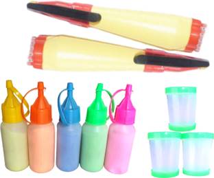 Upyukat Rangoli Making Kit: Pack of Rangoli Color Powder/Kolam Powder Bottles in Special Squeeze pack for Floor Rangoli Navratri Pongal Pooja Mandir + 2 Rangoli Outliner Pen and 3 Rangoli Fillers Rangoli Stencil