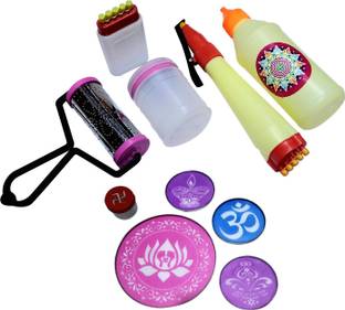 POOJA GHAR Rangoli Making Kit (5 stencils - Random Designs, 1 Ivory Pen, 1 Bottle, 1 White Galicha Patta - 5 line, 1 Roller, 1 Filler) Rangoli Stencil