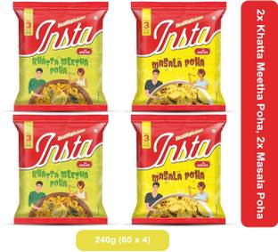 Insta Ahaar Ready-to-Eat, Pack of 2 Khatta Meetha Poha and Pack of 2 Masala Poha (60g Each) 240 g