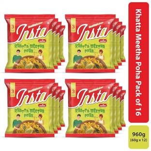Insta Ahaar Khatta Meetha Poha - Pack of 16 (60g Each) | Ready-to-Eat | Instant Snack 60 g
