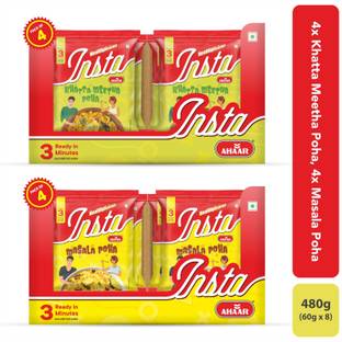 Insta Ahaar Ready-to-Eat, Pack of 4 Khatta Meetha Poha (60g Each) and Masala Poha (60g Each) 480 g