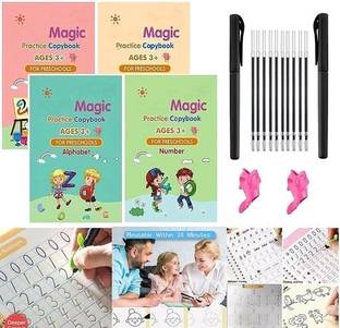 Sank Magic Practice Copybook (Size 26 X 18cm ), Number Tracing Book For Preschoolers With Pen, Magic Calligraphy Copybook Set Practical Reusable Writing Tool (LARGE A4 SIZE 4 BOOK + 10 REFILL)