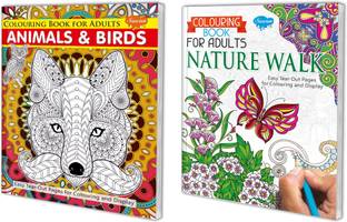 Sawan Present Set Of 2 Books | Adult Colouring Book | Colouring Book For Adults Animals & Birds Colouring Book For Adults Nature Walk