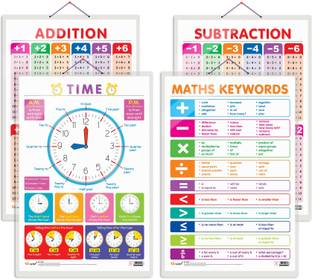 GO WOO Pack of 4 TIME, SUBTRACTION, ADDITION and MATHS KEYWORDS Charts