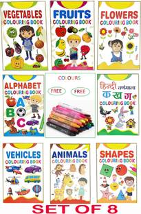 New Range Colouring Books For Kids Set Of 8 Hindi Varnmala, English Alphabet, Fruits, Flowers, Vegetables, Shapes, Vehicles, Animals, Colour Books For Children