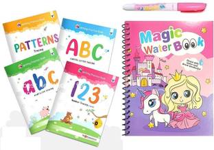 Writing Pracrice Book & Magic Water Colouring Book For Kids | Includes Abc Capital Letters, Small Letters, Number (1-10), Line Tracing Pattern And Reusable Water Colouring Book With 1 Pen | Pack Of 5