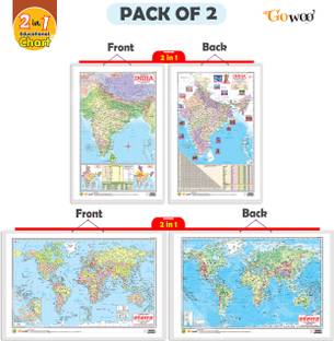 Gift Pack Of 2 | 2 IN 1 INDIA POLITICAL AND PHYSICAL MAP IN ENGLISH And 2 IN 1 WORLD POLITICAL AND PHYSICAL MAP IN HINDI Charts | Wall Posters For Room Decor High Quality Paper Print With Hard Lamination (20 Inch X 30 Inch, Rolled)