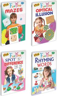 Set Of 4 Acitivity Books, Kids Fun Time : Mazes, Optical Illusion, Spot The Difference And Rhyming Words