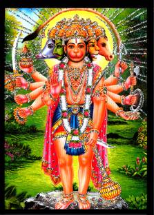 Deshkart PANCHMUKH BAJRANGBALI (5 X 7) inch Laminated Photo With Back Support Mount Religious Frame