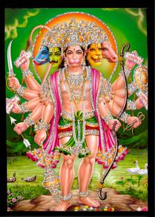 Deshkart PANCHMUKH BAJRANGBALI (5 X 7) inch Laminated Photo With Back Support Mount Religious Frame