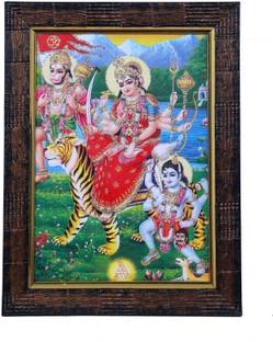 Dharmikk Maa Durga with Hanuman ji & Bhairav baba Hindu God Wooden Photo Frame Religious Frame