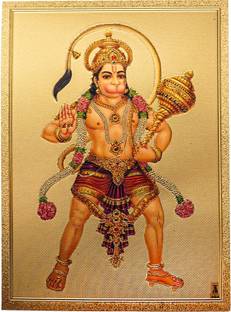 HAWAI Lord Hanuman ji Bajrangbali Gold Plated Photo without Frame For Puja (5x7inch) Religious Frame