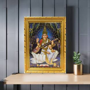 Puja N Pujari God Photo Frames Goddess Saraswati Devi Nice Background Gold Coated Synthetic Photo Framefor Wall Hanging Puja Mandir Small ( L * H : 8 * 11 Inches) Religious Frame
