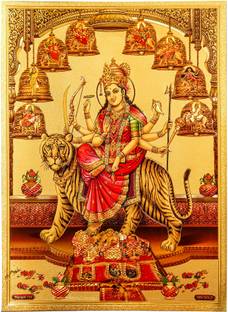 HAWAI Durga Devi NavDurga Sherawali Ma Gold Plated Embossed Goddess Photo (No Frame) Religious Frame