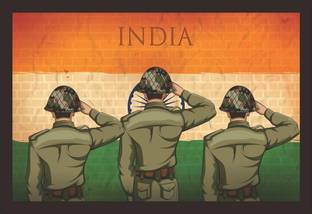 Mad Masters Indian Army Soilder Saluting Falg of India with Pride Framed Painting Oil 12 inch x 18 inch Painting