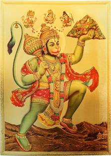HAWAI Shree Hanuman Sanjeevani Parvat Dhari Gold Plated Embossed Godd photo No frame Religious Frame