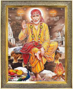 koshtak Shirdi Saibaba Sitting On Stone Throne Giving Blessing Religious Frame