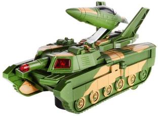 Aseenaa Tank 2 In 1 Battery Operated Convertible In Jet Fighter Airplane Toy For Kids | Electric Automatic Deformation Aircraft Toys For Kid With Lights And Shooting Music | Green Colour |SET OF 1