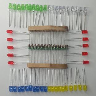 Charohm 50 Pcs 5mm LED (White, Red, Blue, Yellow, Green 10 Each) 50 Pcs 220 Ohm Resistor Fixed Resistor
