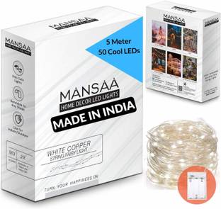 MANSAA 5 Meter 50 LEDs Battery Operated String Lights for Home Decoration 50 LEDs 5 m Silver, White Steady Water Drop Rice Lights