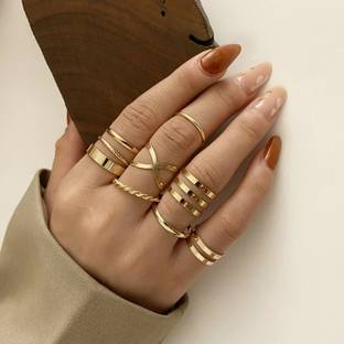 Vembley Latest Stylish Gold Plated Boho Midi Finger Rings - Set of 8 Alloy Gold Plated Ring