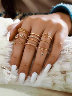 Vembley Eight Pcs Crystal Drop Heart Multi Design Ring Set For Women & Girls Alloy Gold Plated Ring Set