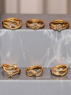 brado jewellery Combo of 6 Ad (American diamond) Adjustable For Women and Girls Brass Diamond Gold Plated Ring