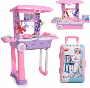 Aditi Toys Doctor Set Trolley for Kids LED Light Instruments 13 Piece Doctor Kit (Pink)