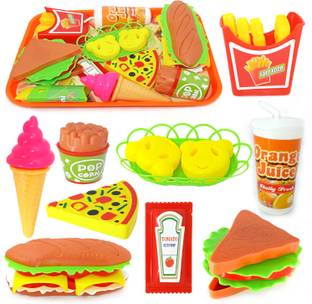 PRANSO Sandwich and Rolls Toy and Pizza, French Fries, ice Cream, with Food Trey