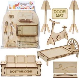BABRO Wooden Miniature Furniture Toy Set, Wooden Dollhouse Accessories for Kids