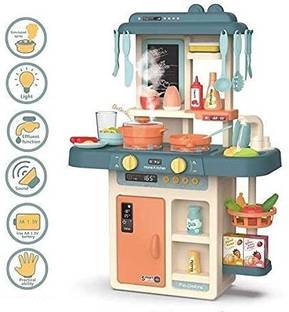HIM TAX Kitchen Set for Kids Girl 42 Piece Kitchen Set, Smoky, Music,Real Water Tap Blue